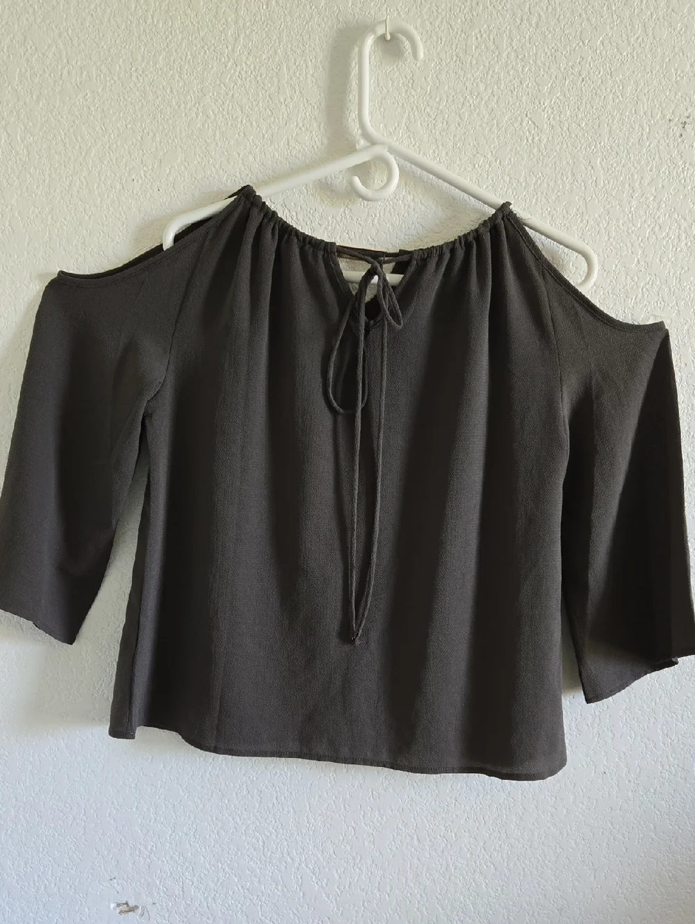 Women's Cold-Shoulder Blouse in Charcoal Gray - Lightweight Elegant Top - Picture 4 of 9